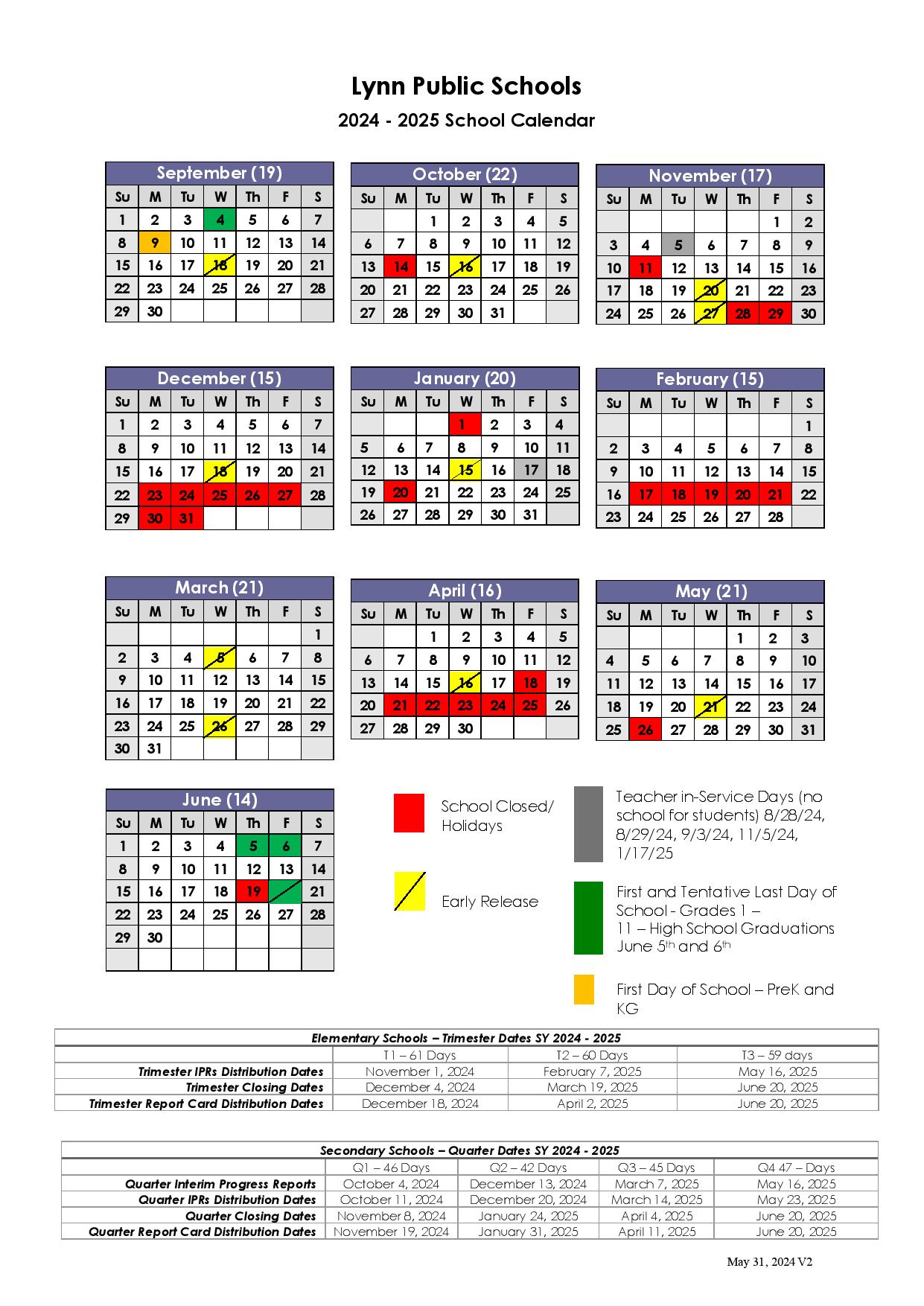 Lynn Public Schools Calendar 20242025 in PDF