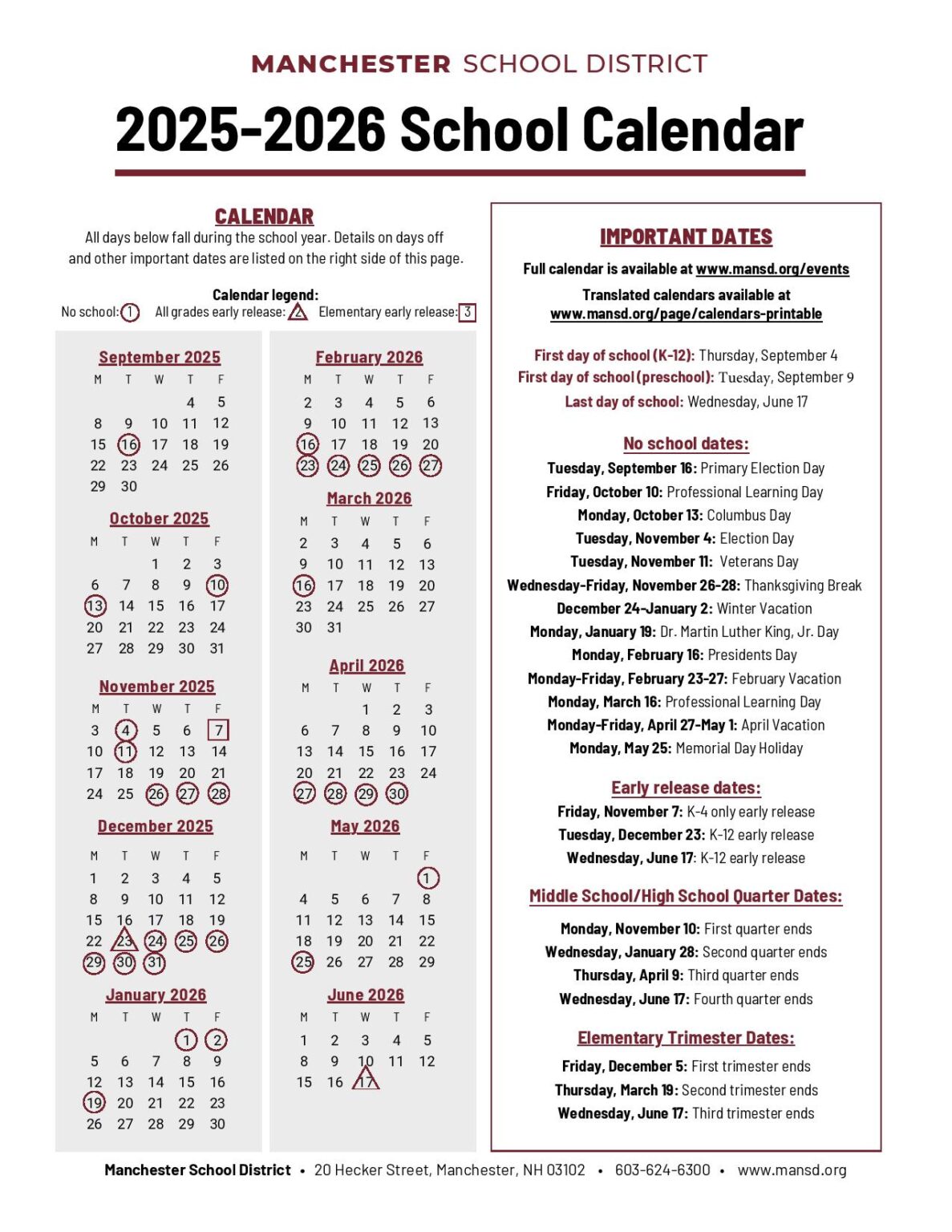Manchester School District Calendar 2025 2026 in PDF