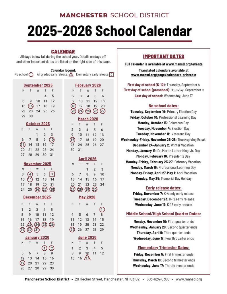 Manchester School District Calendar 2025-2026