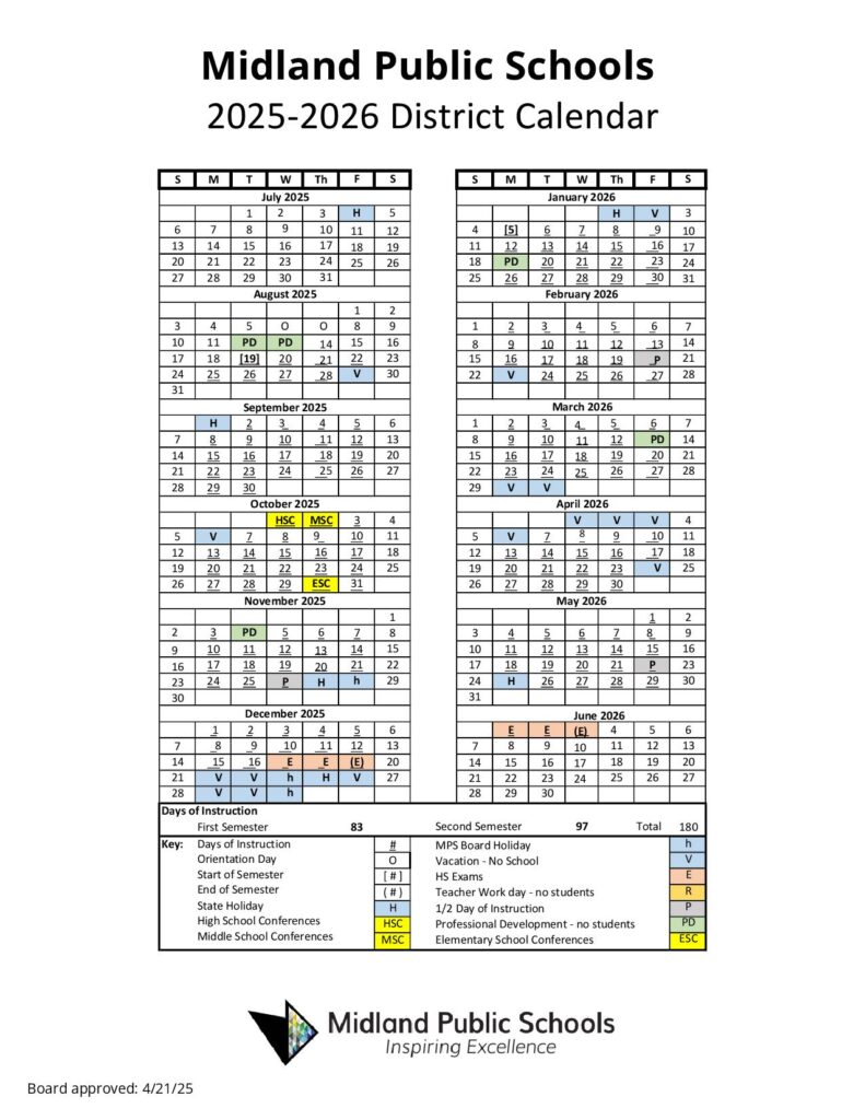 Midland Public Schools Calendar 2025-2026