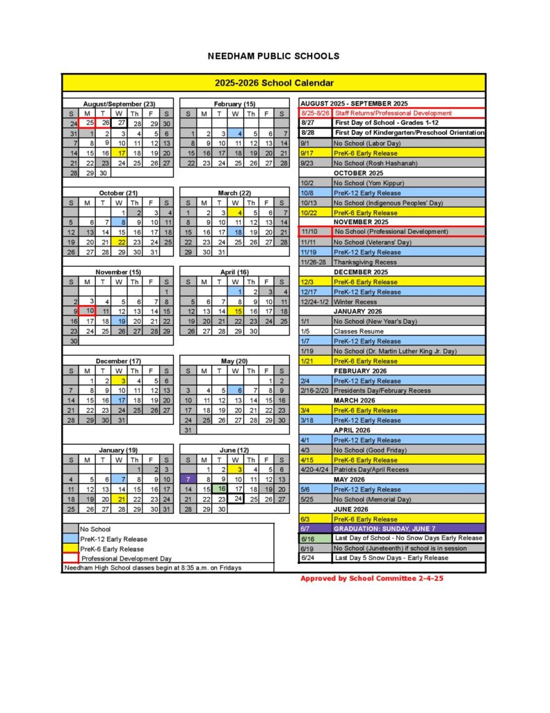 Needham Public Schools Calendar 2025-2026