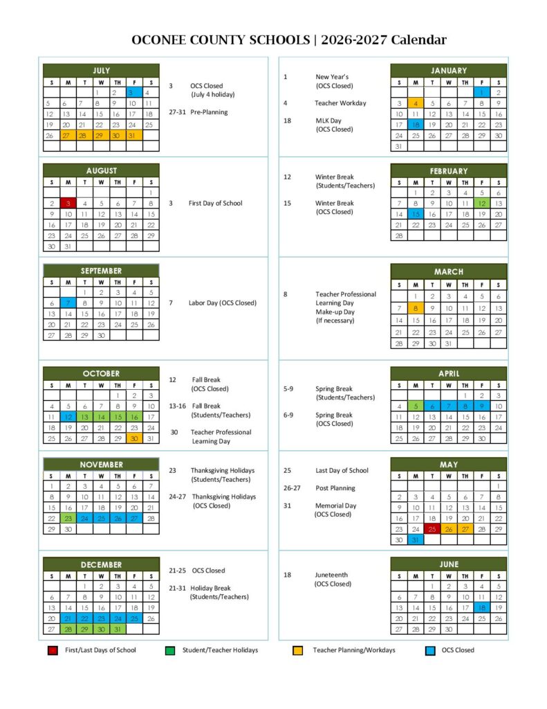 Oconee County Schools Calendar 2026-2027