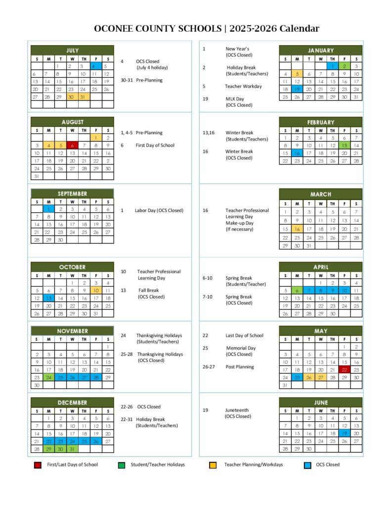 Oconee County Schools Calendar 2025-2026