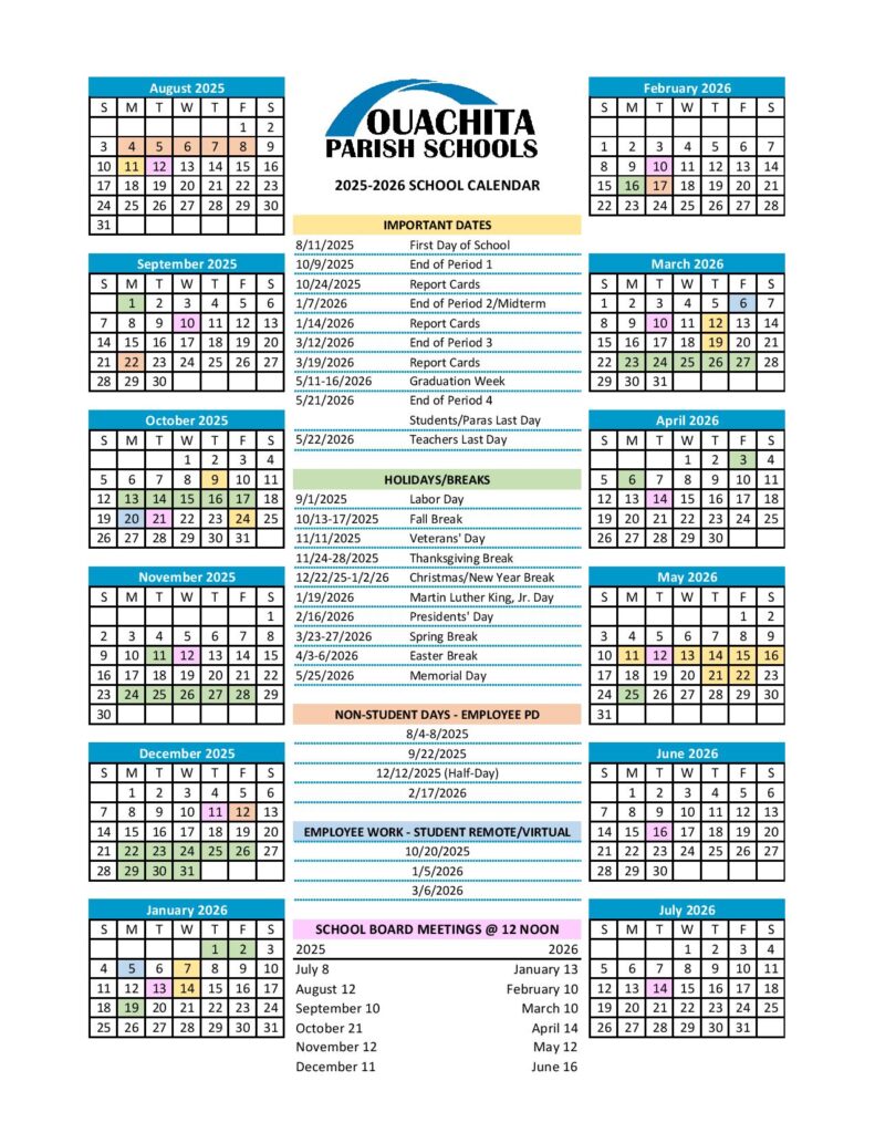 Ouachita Parish School Calendar 2025-2026