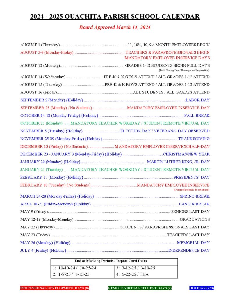 Ouachita Parish School Calendar 20242025 Download PDF