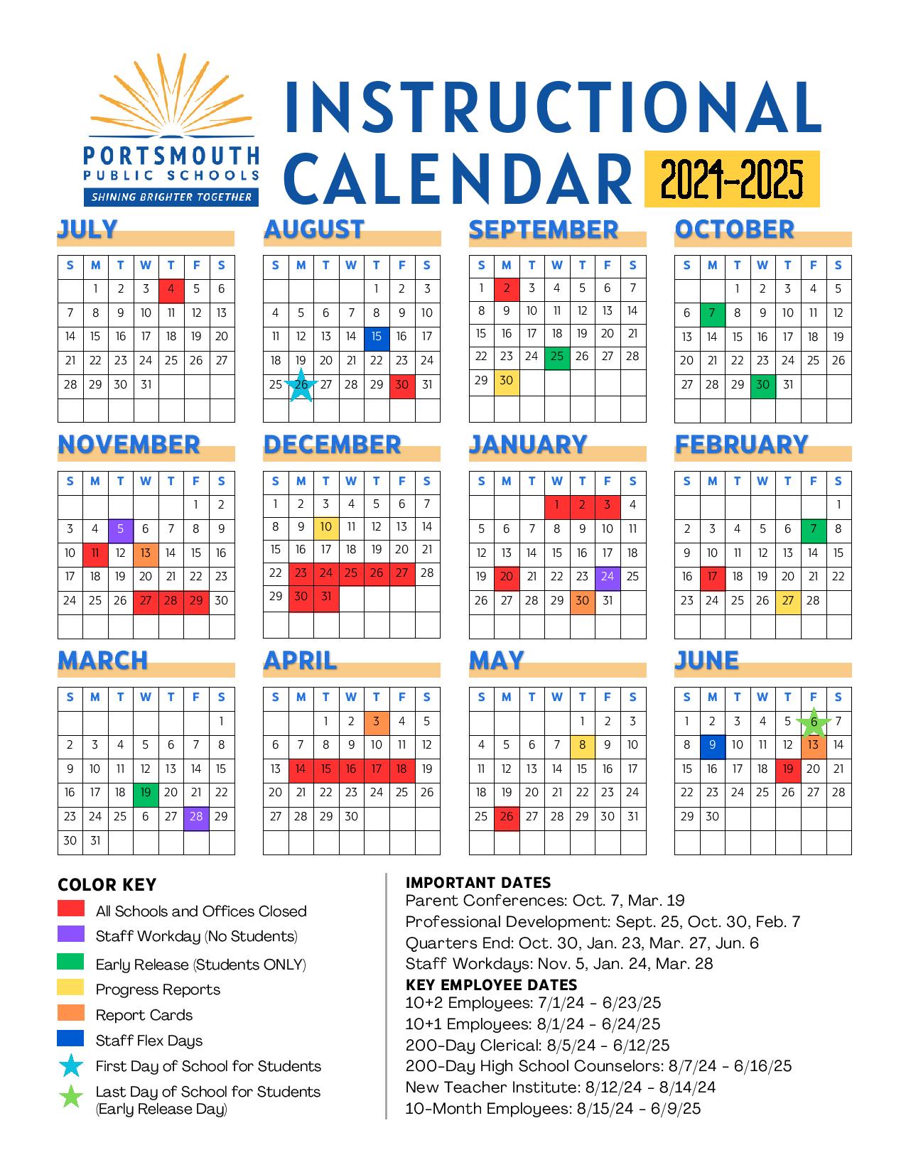 Portsmouth Public Schools Calendar 202425 PDF Holidays