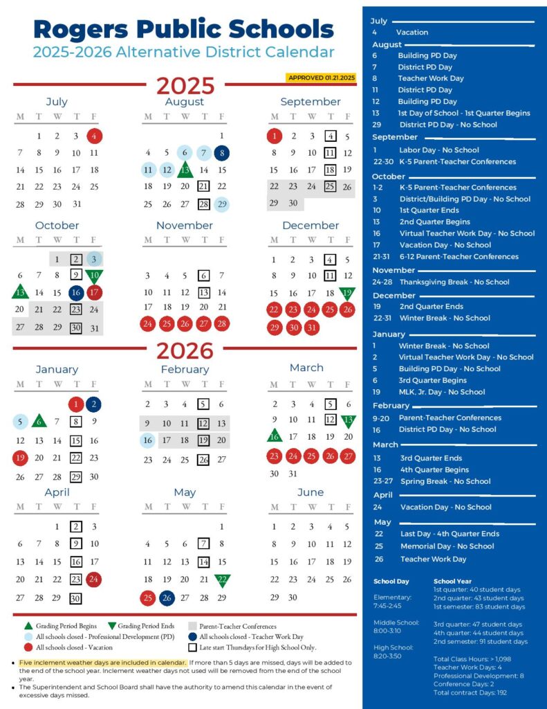 Rogers Public Schools Calendar 2025-2026