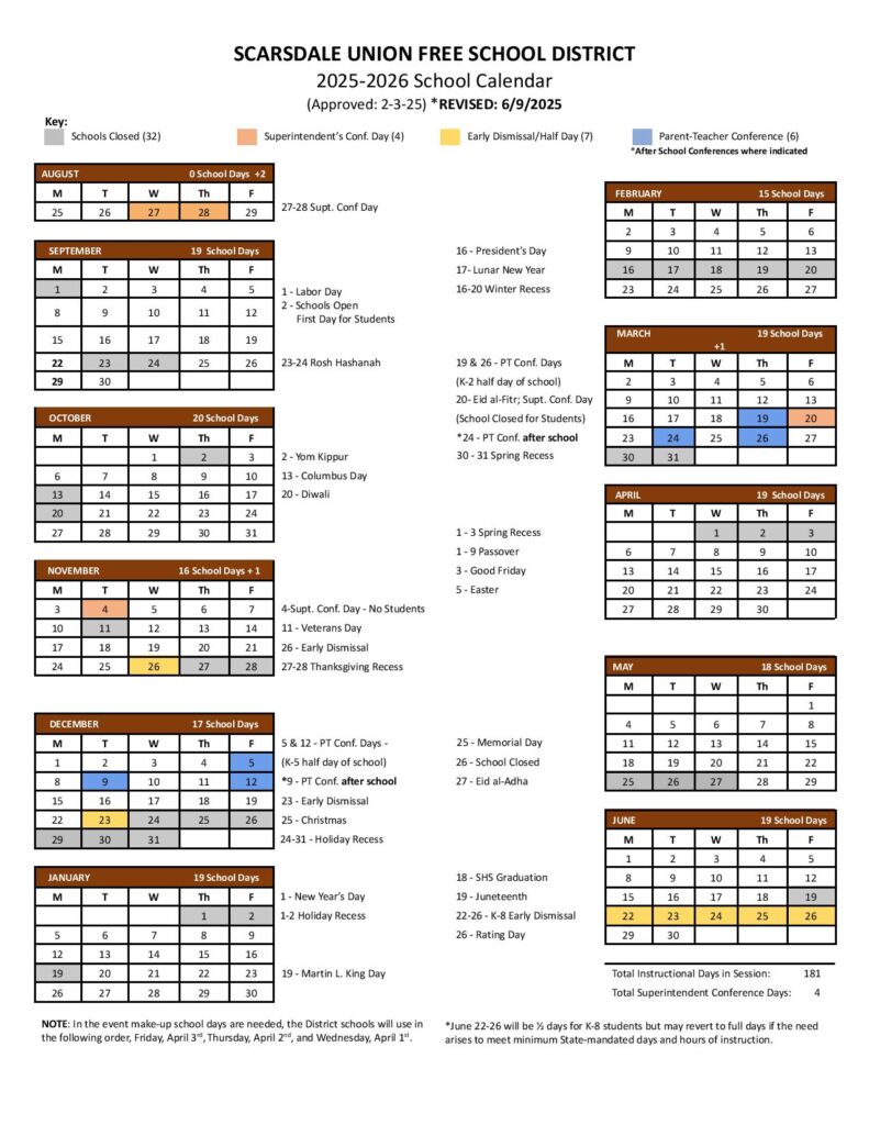 Scarsdale Schools Calendar 2025-2026