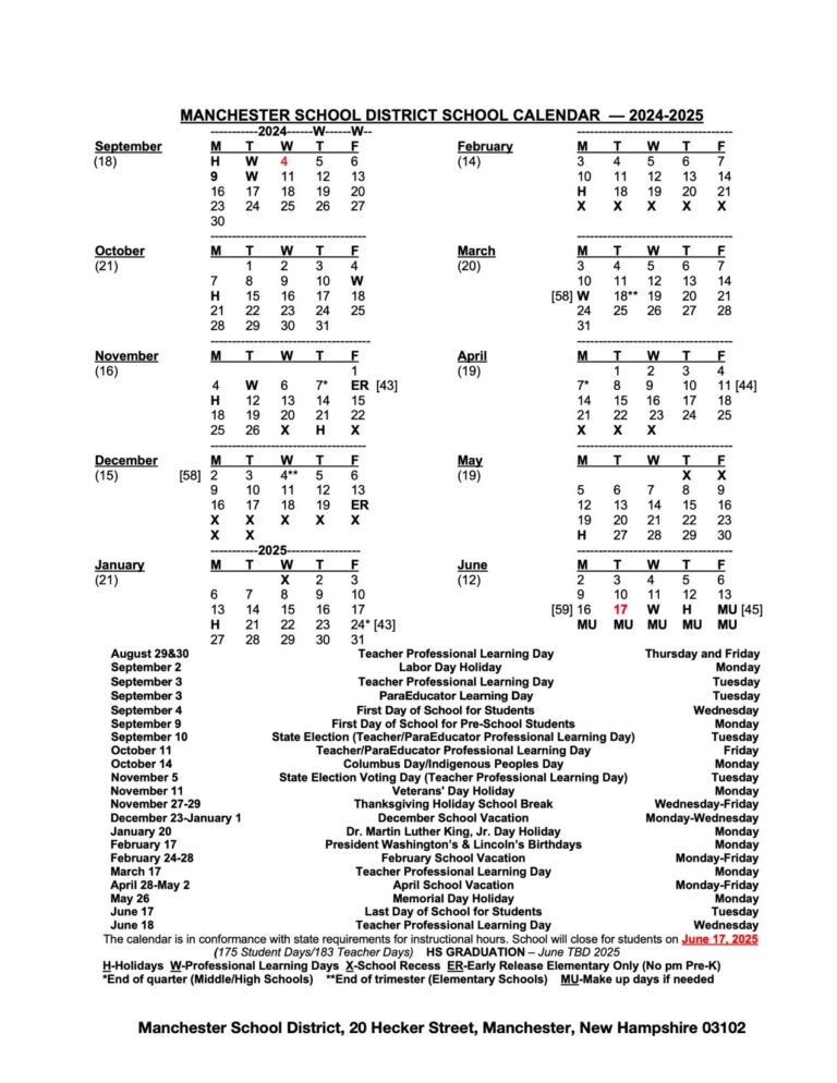 Manchester School District Calendar 20242025 in PDF