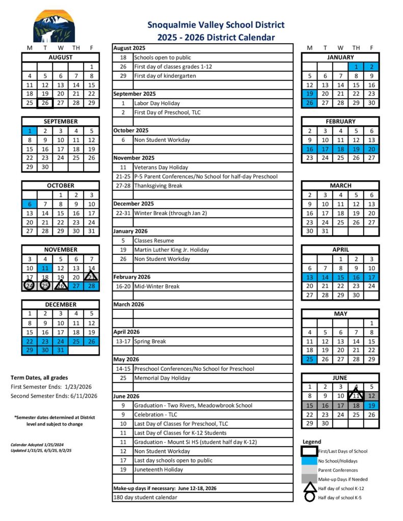 Snoqualmie Valley School District Calendar 2025-2026