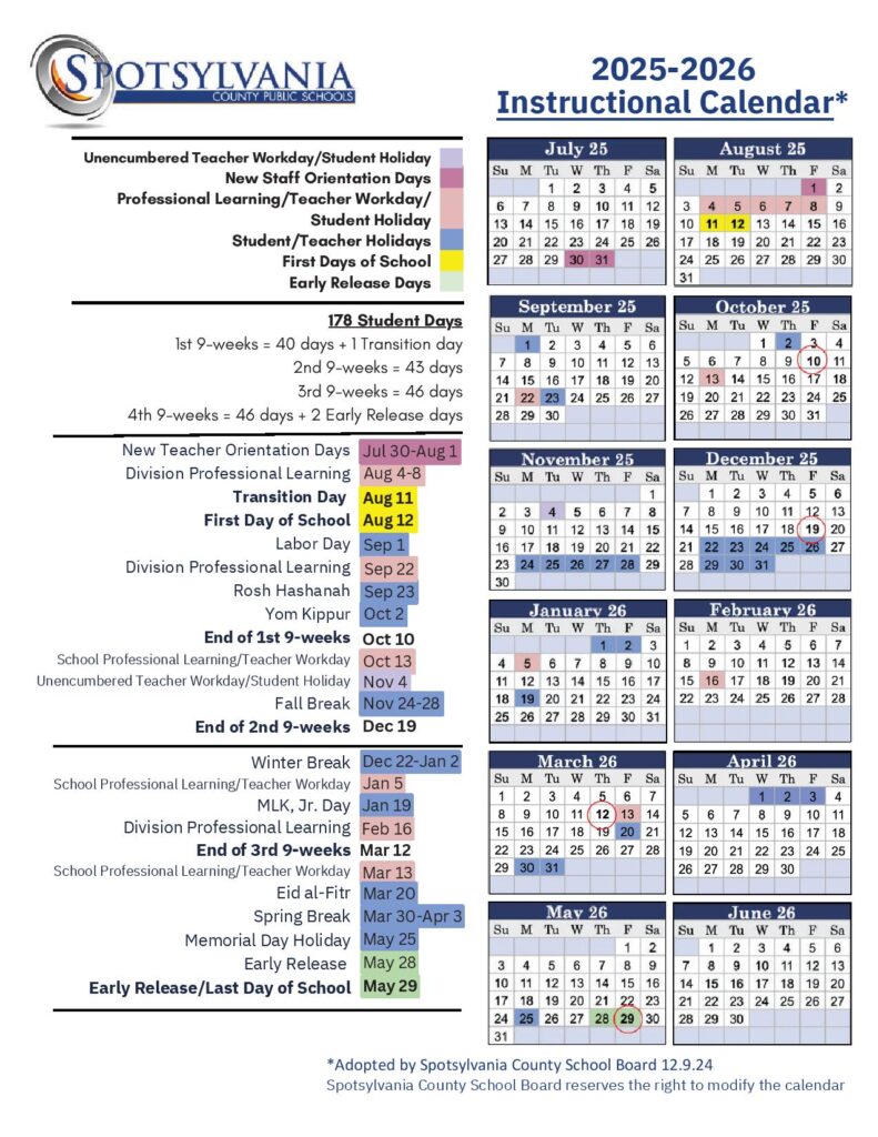 Spotsylvania County Schools Calendar 2025-2026