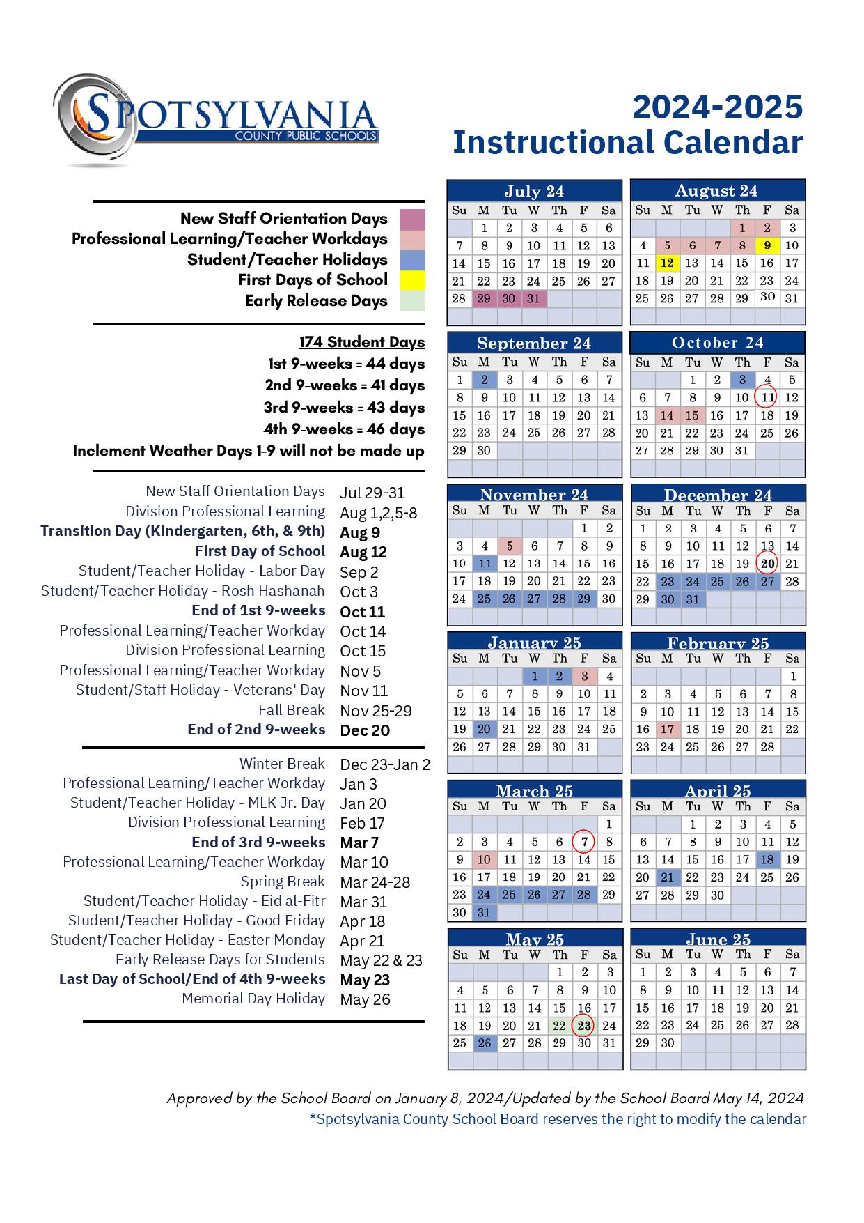 Spotsylvania County Schools Calendar 20242025 in PDF