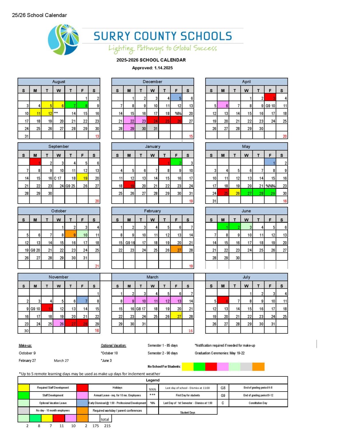 Surry County Schools Calendar 2025 2026 PDF Holidays