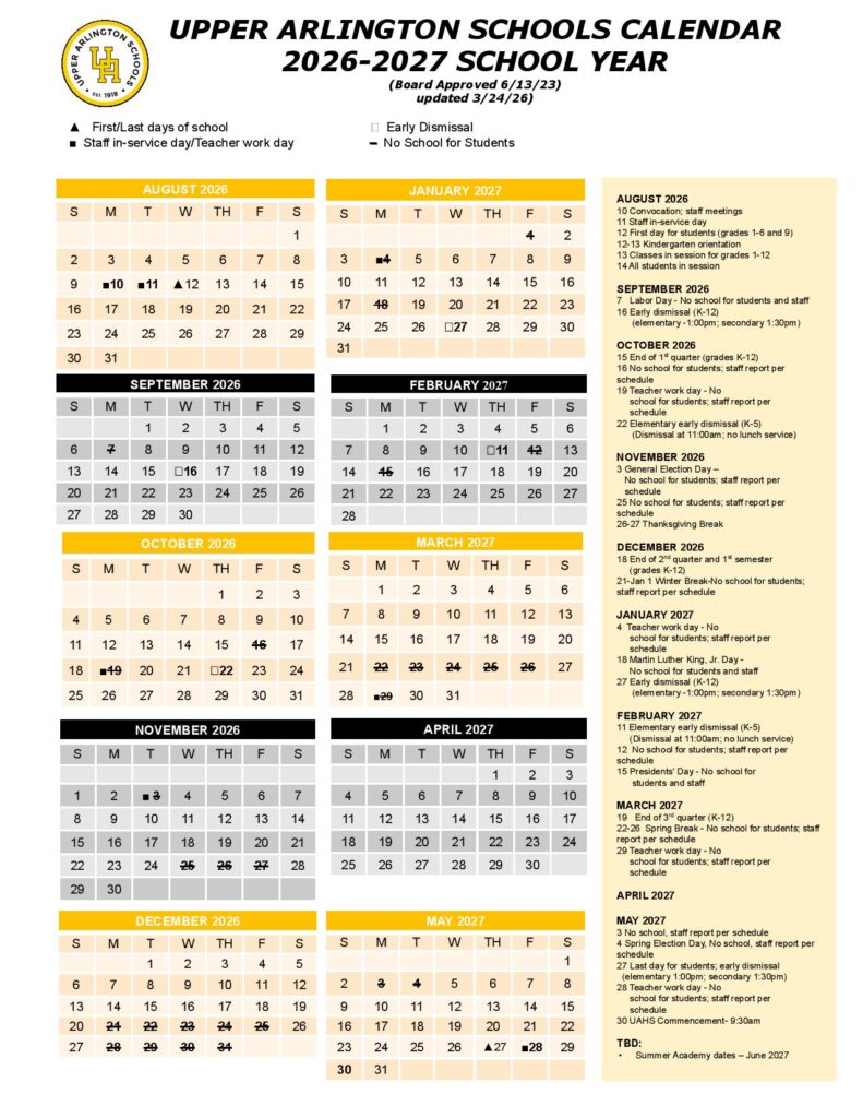 Upper Arlington Schools Calendar 2026-2027 PDF