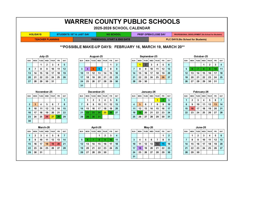 Warren County Schools Calendar 2025-2026