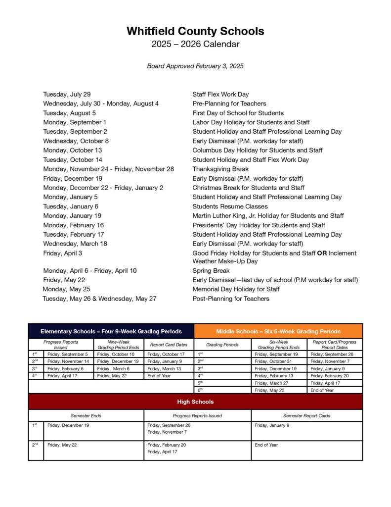 Whitfield County Schools Calendar 2025-2026