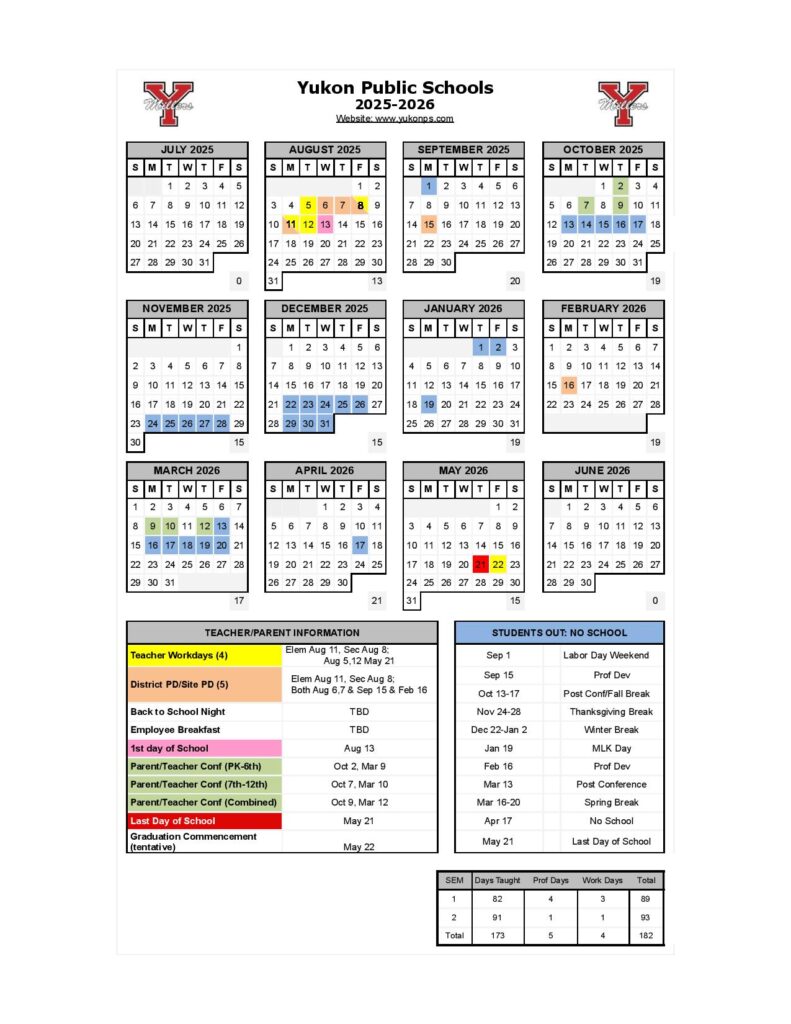 Yukon Public Schools Calendar 2025-2026