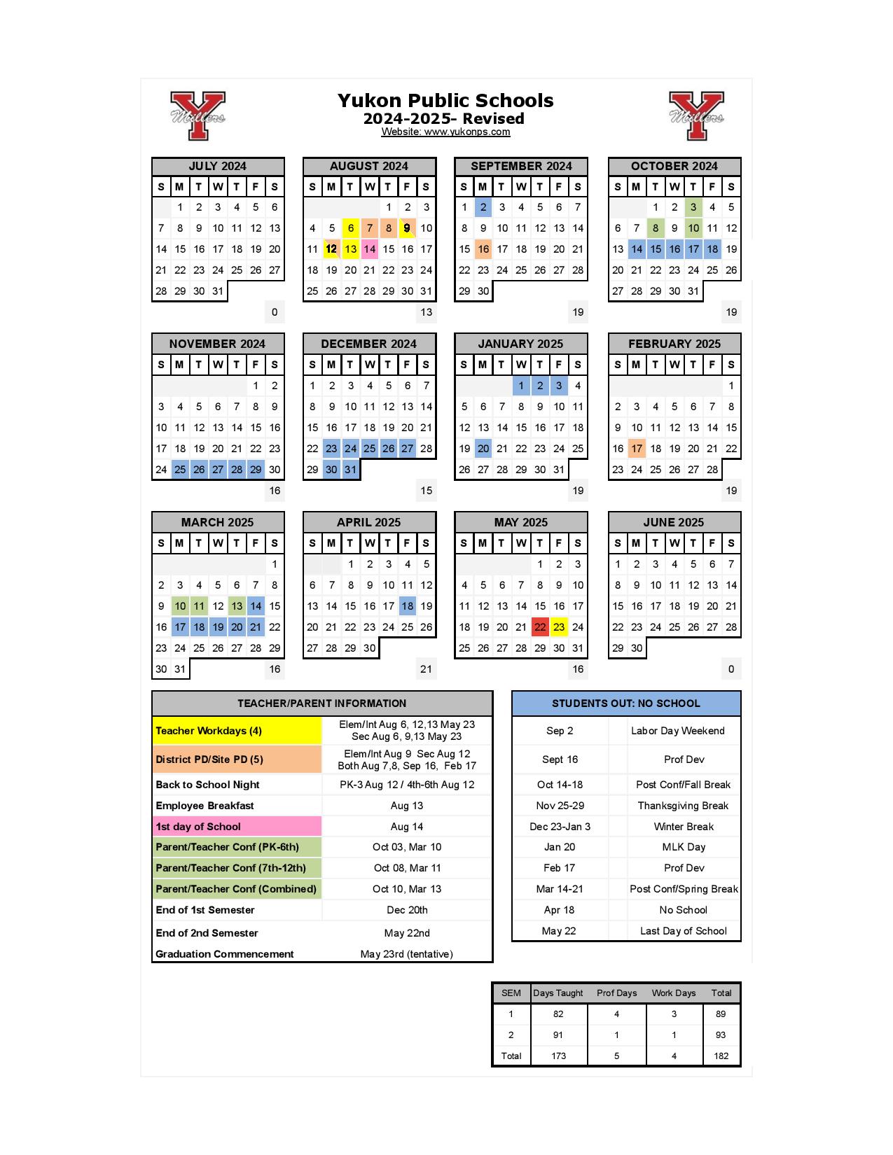 Yukon Public Schools Calendar 20242025 PDF Holidays