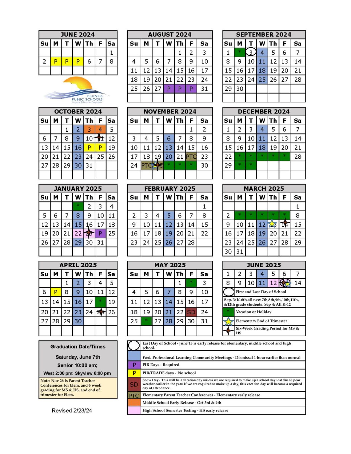 Billings Public Schools Calendar 2024-2025 PDF