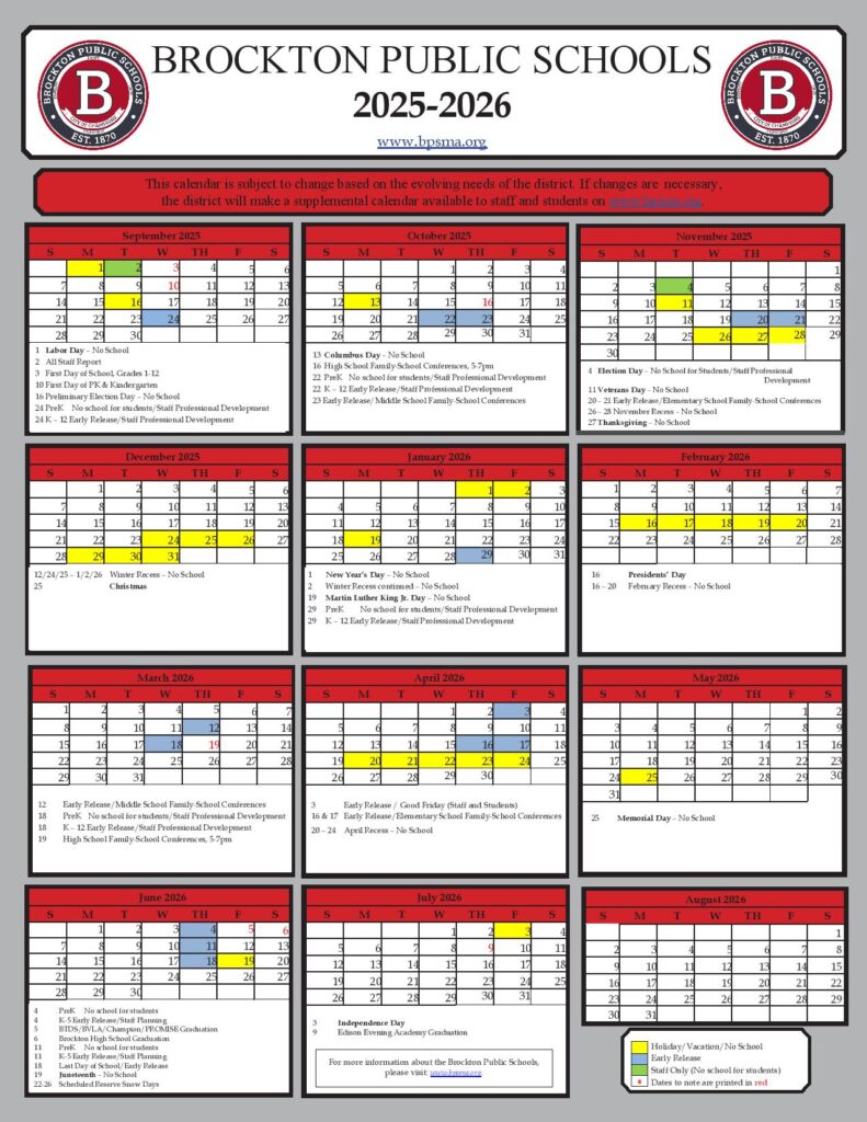 Brockton Public Schools Calendar 2025-2026