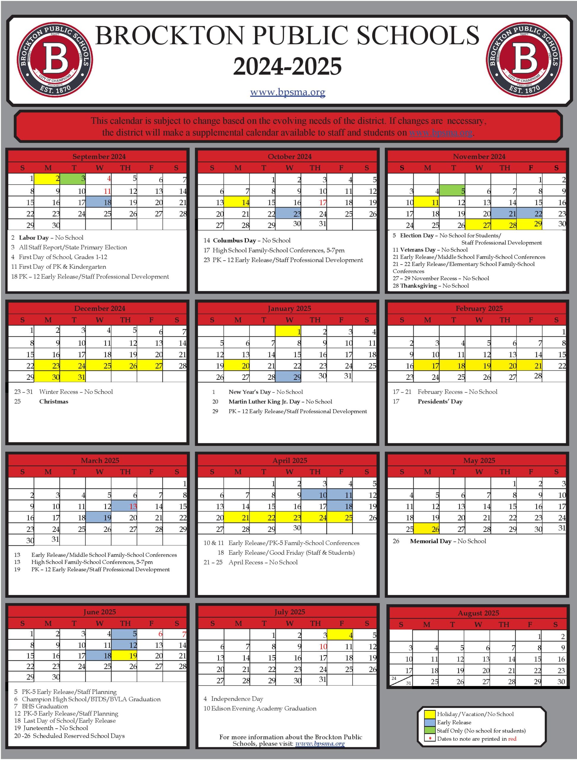 Brockton Public Schools Calendar 20242025 in PDF