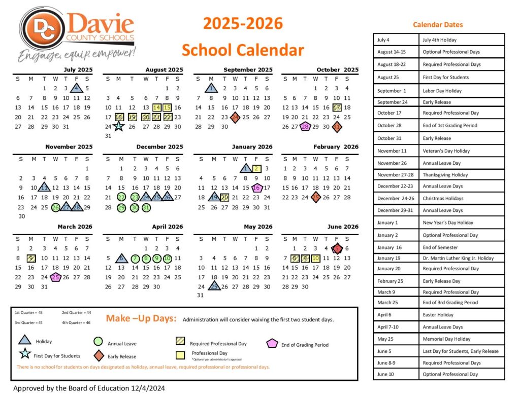 Davie County Schools Calendar 2025-2026