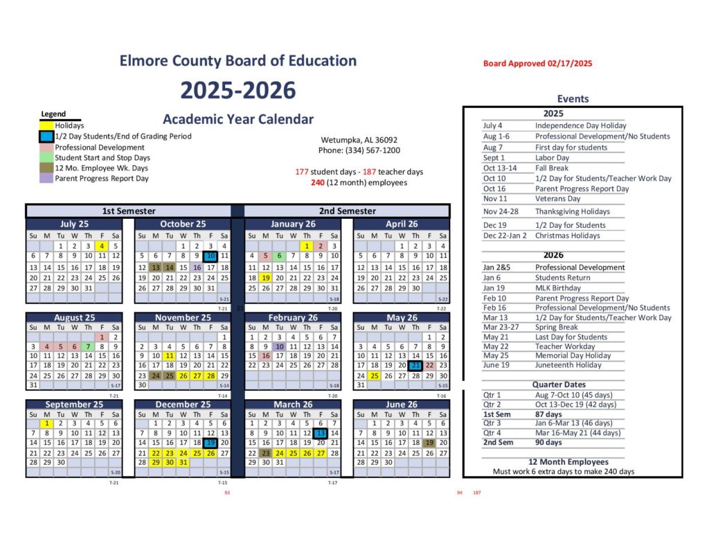 Elmore County Schools Calendar 2025-2026