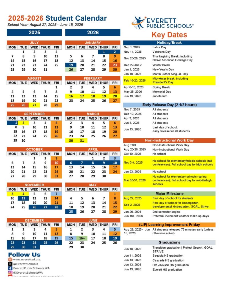 Everett School District Calendar 2025-2026