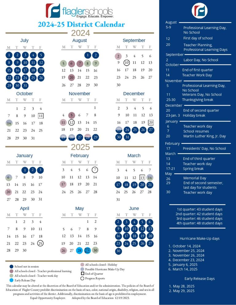 Flagler County Schools Calendar 2024 2025 in PDF Holidays School