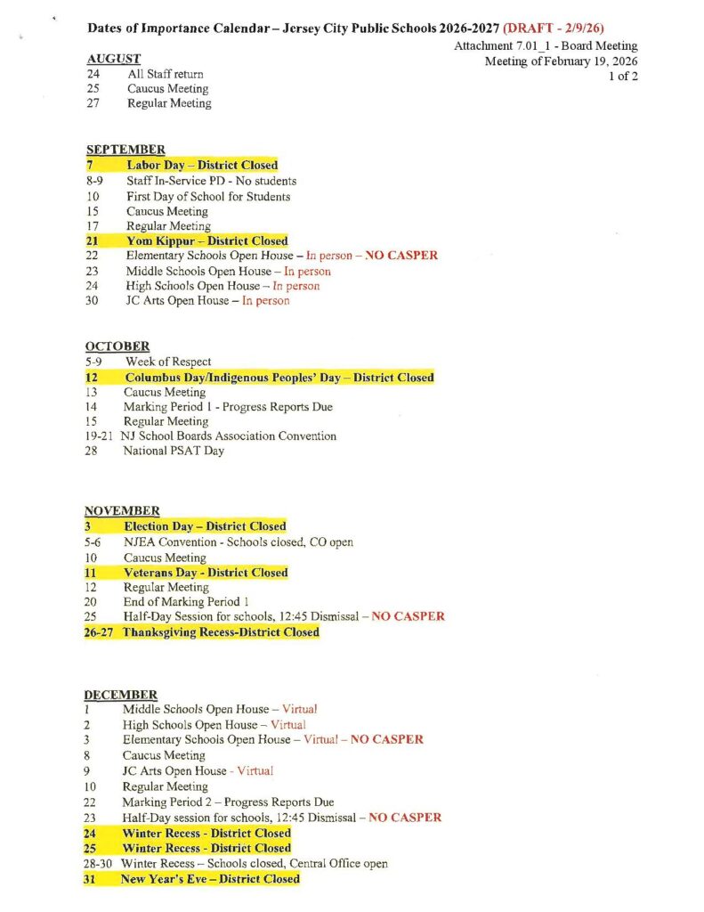 Jersey City Public Schools Calendar 2026-2027