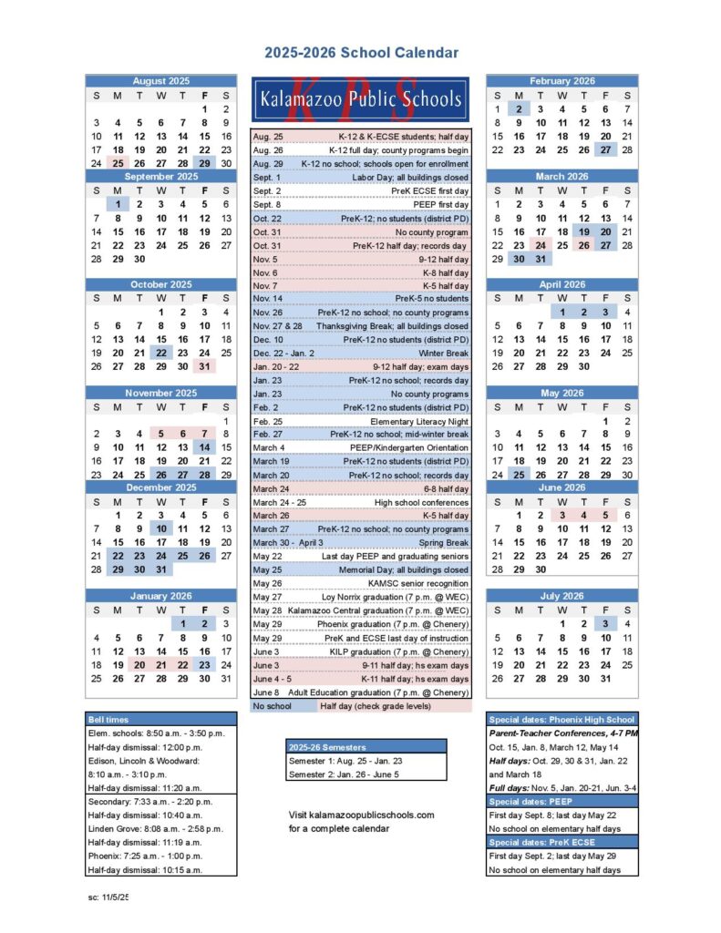 Kalamazoo Public Schools Calendar 2025-2026