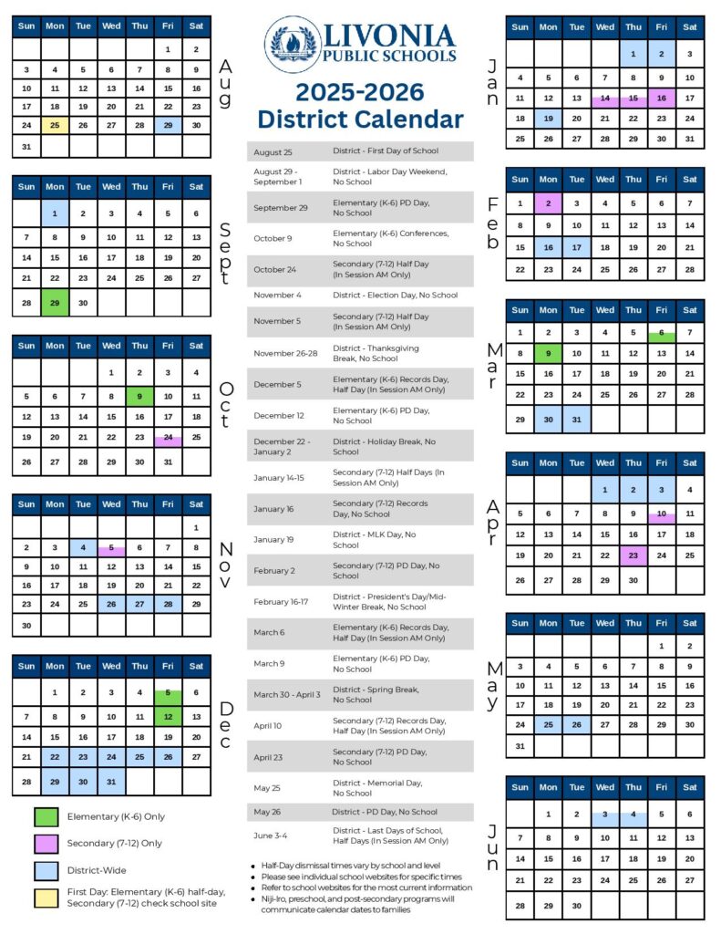 Livonia Public Schools Calendar 2025-2026