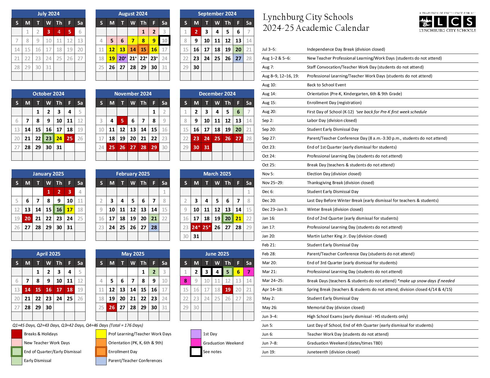 Lynchburg City Schools Calendar 20242025 in PDF Holidays