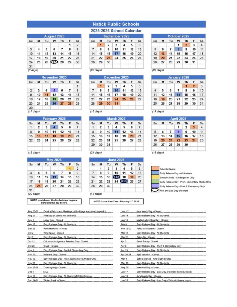 Natick Public Schools Calendar 2025-2026