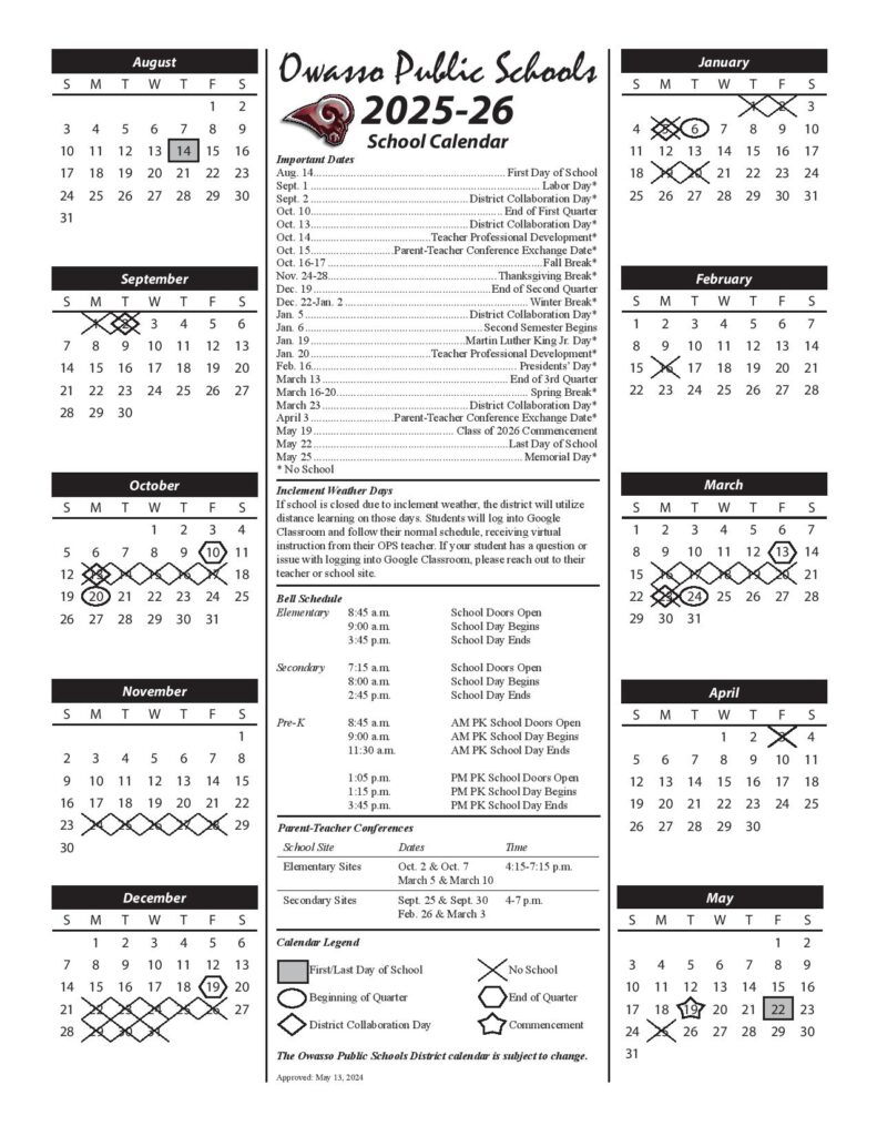 Owasso Public Schools Calendar 2025-2026