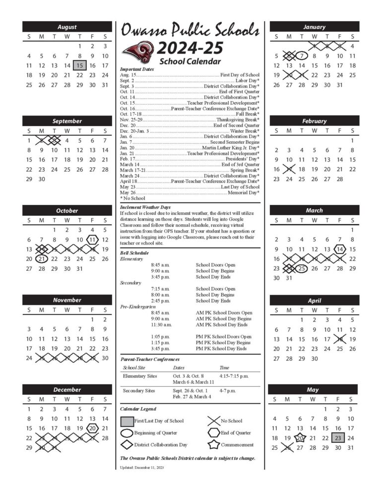 Owasso Public Schools Calendar 2025 2026 in PDF Oklahoma