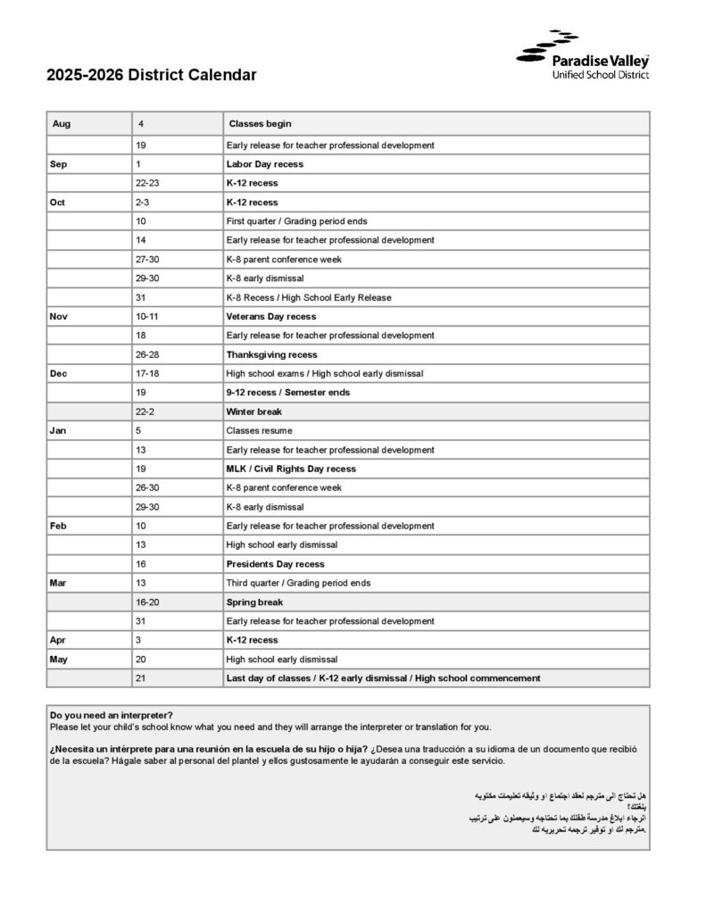 Paradise Valley Unified School District Calendar 2025-2026