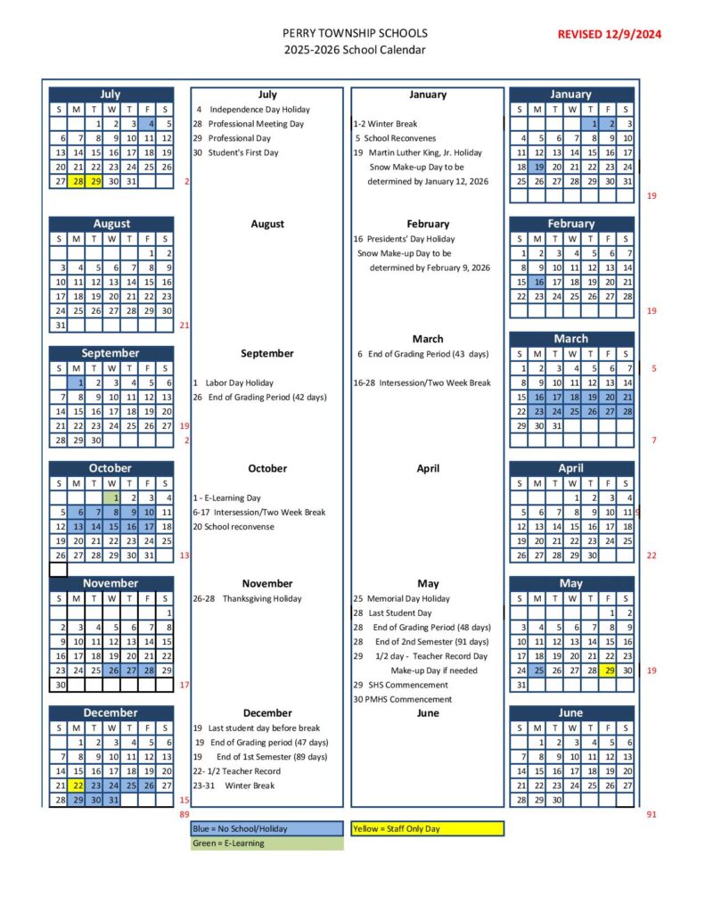 Perry Township Schools Calendar 2025-2026