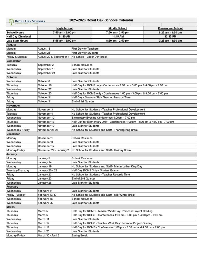 Royal Oak Schools Calendar 2025-2026