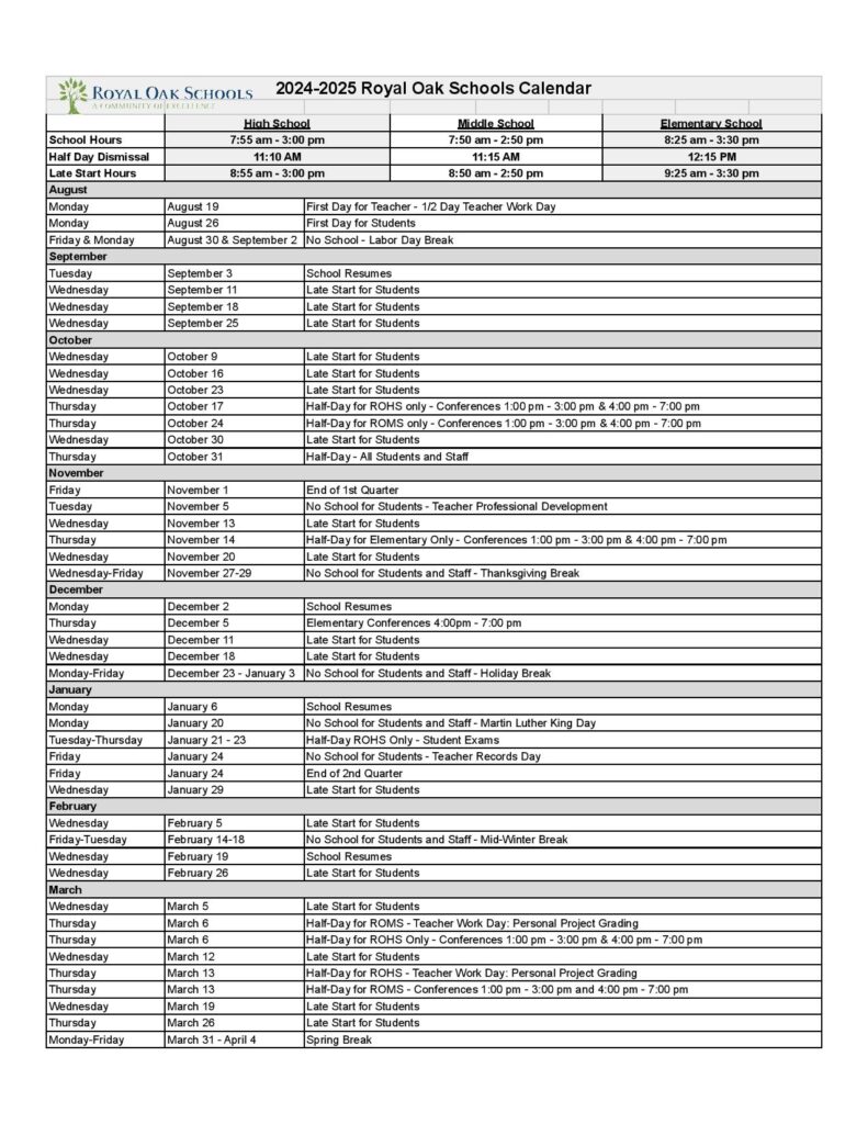 Royal Oak Schools Calendar