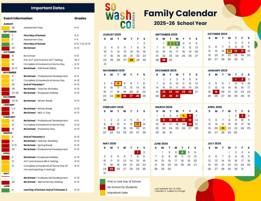 South Washington County Schools Calendar 2025-2026