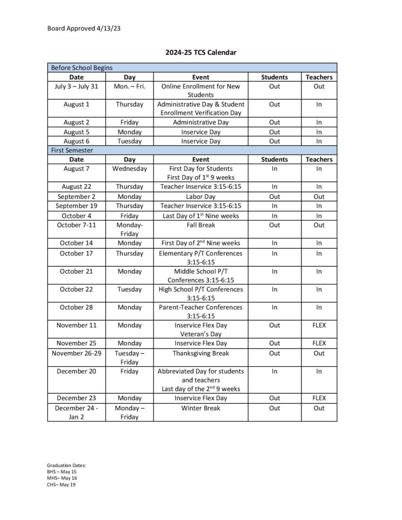 Tipton County Schools TN Calendar