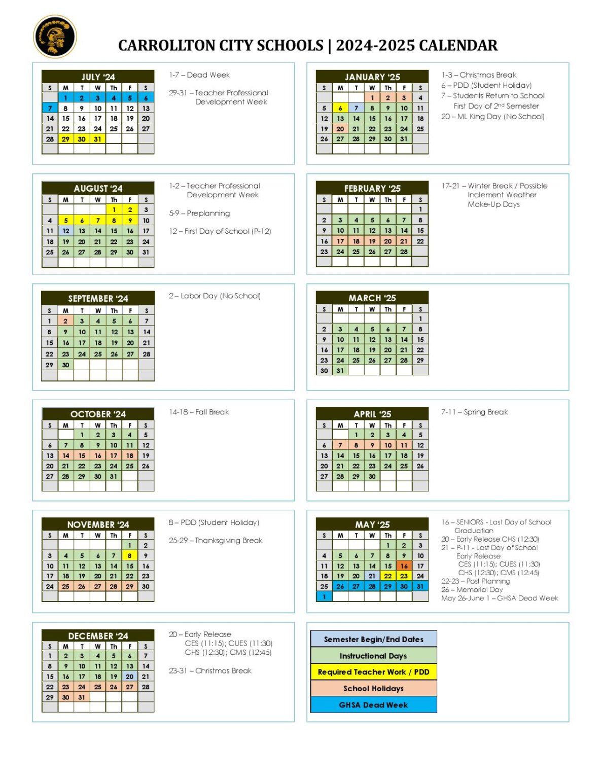 Carrollton City Schools Calendar 2025 in PDF Download Now School