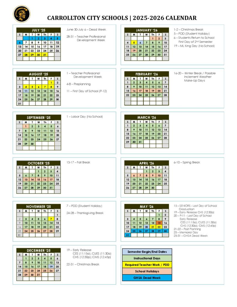 Carrollton City Schools Calendar 2025-2026