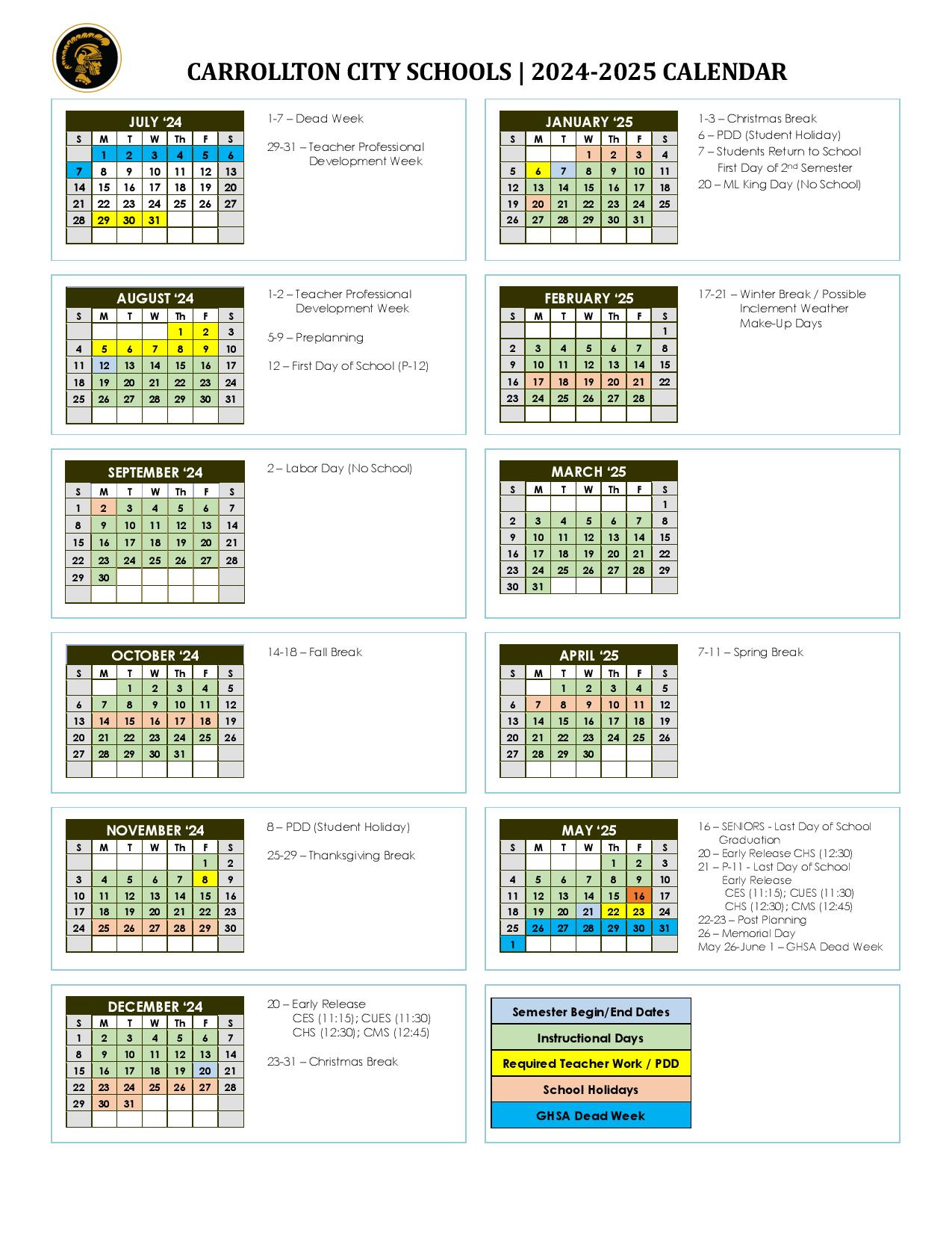 Carrollton City Schools Calendar 2025 in PDF Download Now School