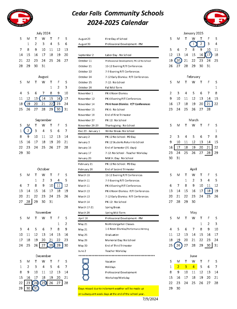 Cedar Falls Schools Calendar