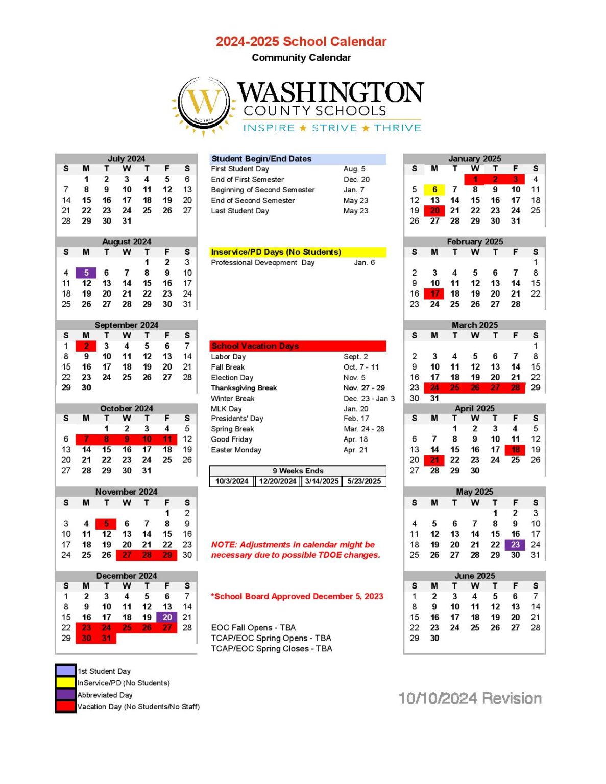 Washington County Schools Calendar 20242025 PDF Tennessee