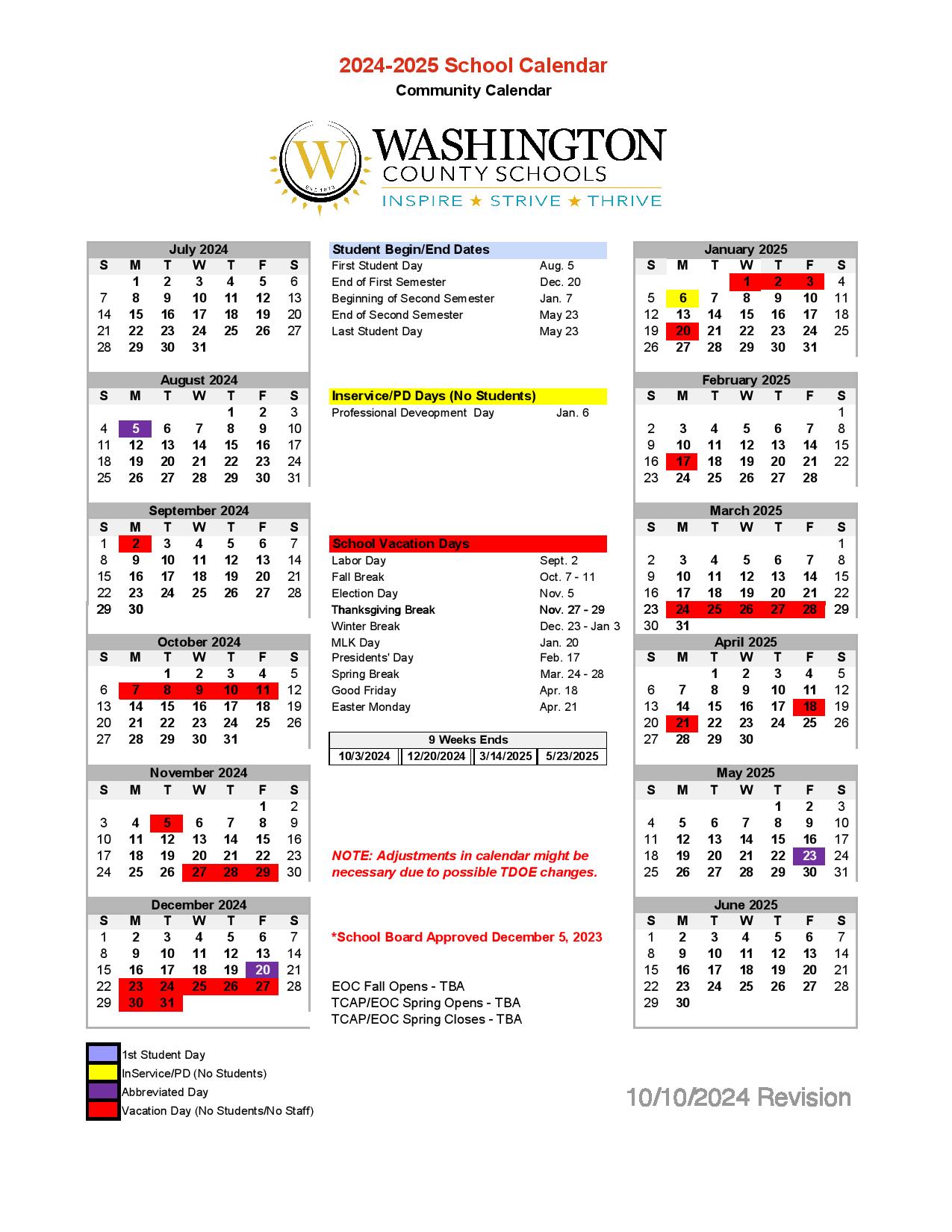 Washington County Schools Calendar 20242025 PDF Tennessee