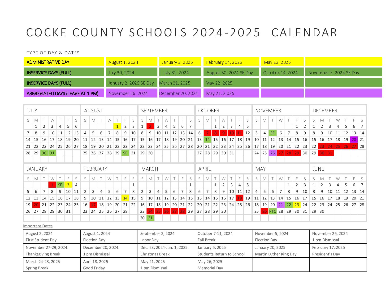 Cocke County School Calendar 2025 in PDF Download