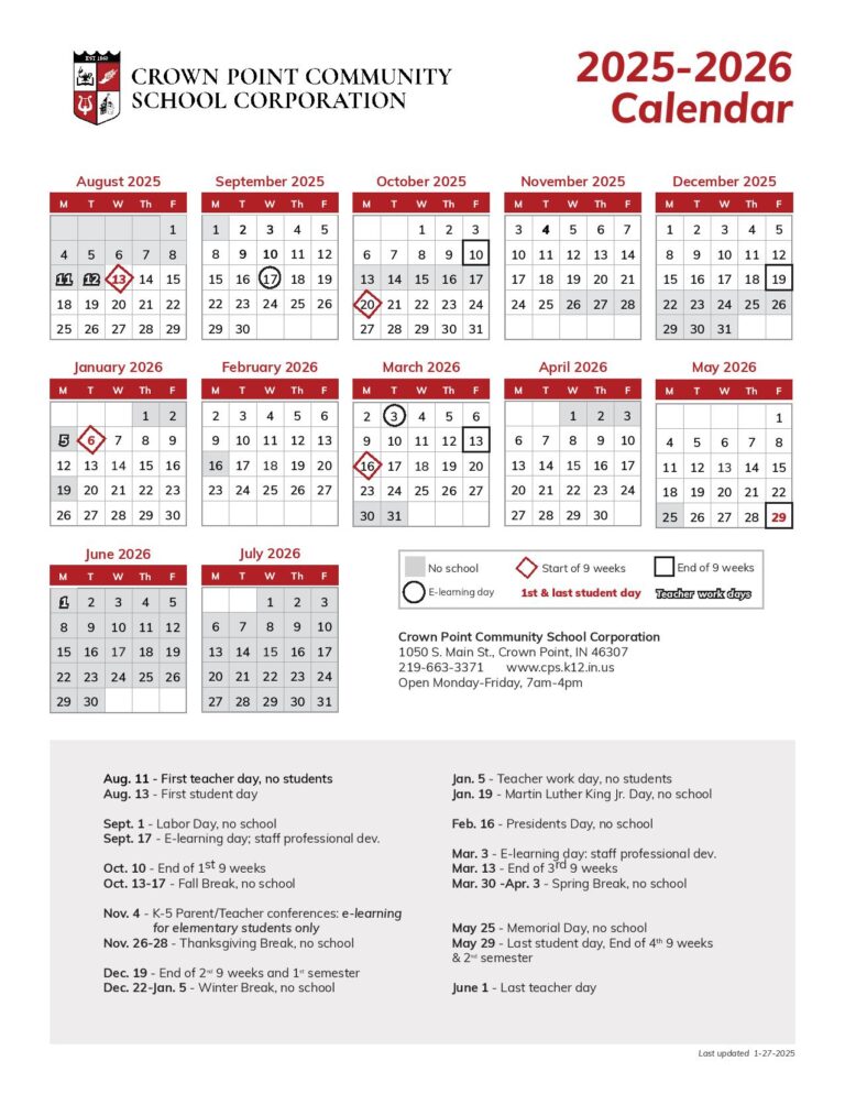 Crown Point Schools Calendar 2025 2026 in PDF Download Crown Point Schools Calendar 2025 2026 in PDF Download